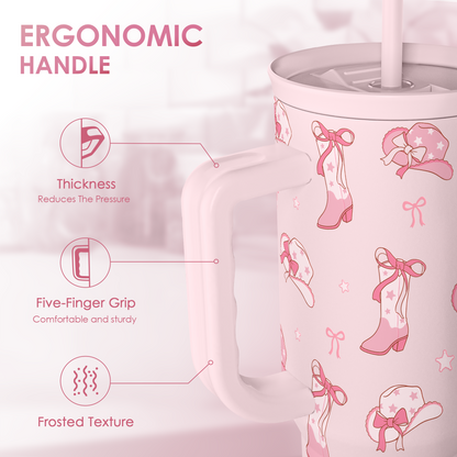 Pink 40oz tumbler with ergonomic handle grip and frosted-textured body, cowgirl pattern