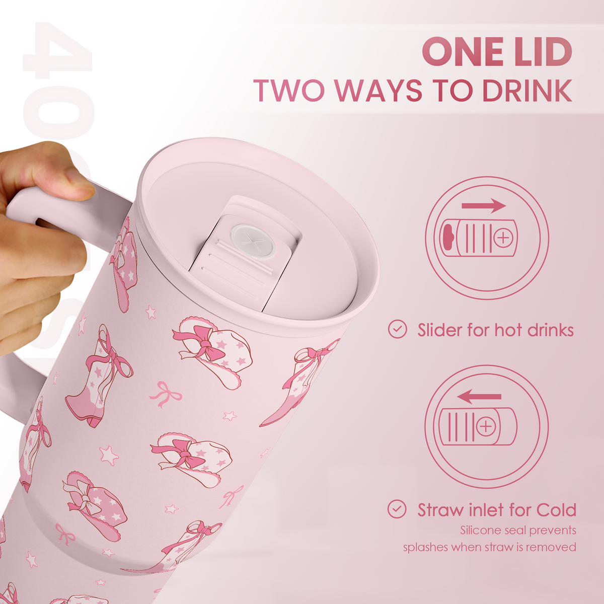 Pink 40oz tumbler with slider lid for straw or sip opening, cowgirl pattern and handle