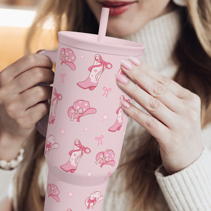 Pink 40oz cowgirl tumbler with handle and straw, pink cowgirl pattern
