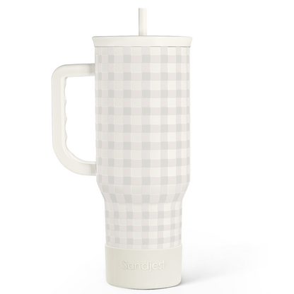 Grey gingham insulated tumbler with white handle and straw lid