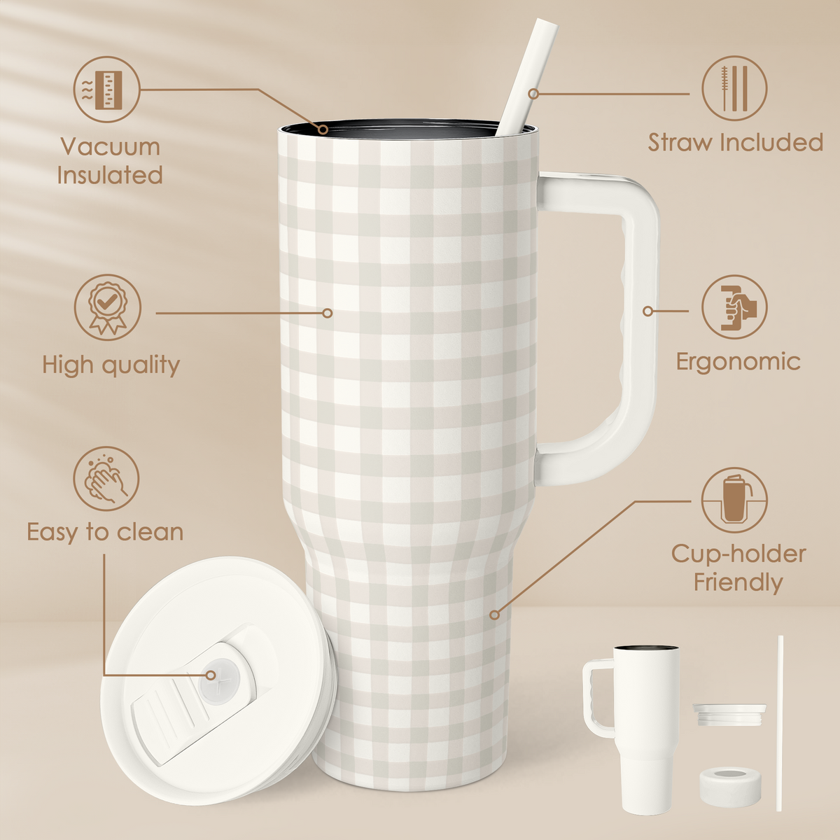 Grey and white checkered tumbler with straw, lid, and side handle