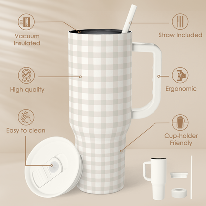 Grey and white checkered tumbler with straw, lid, and side handle