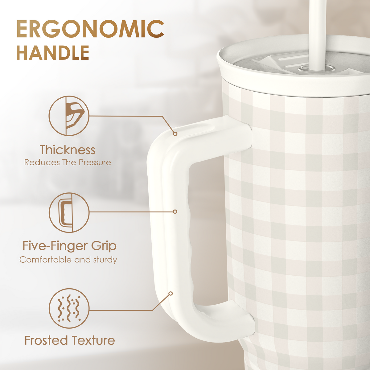 White handled tumbler with grey gingham pattern and slider straw lid