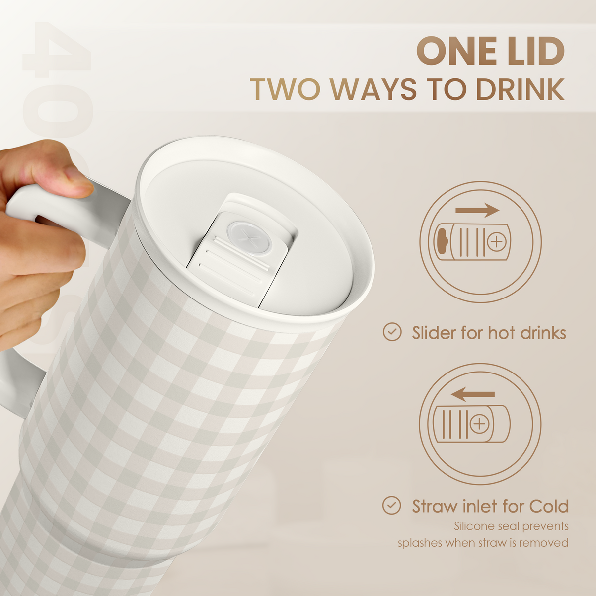Grey gingham tumbler with two-part lid and straw inlet, white body