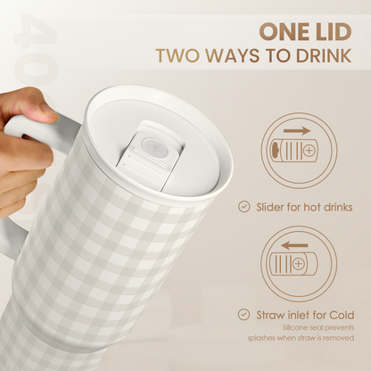 Grey gingham tumbler with two-part lid and straw inlet, white body