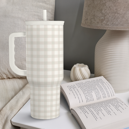 Grey gingham tumbler with white handle and straw lid