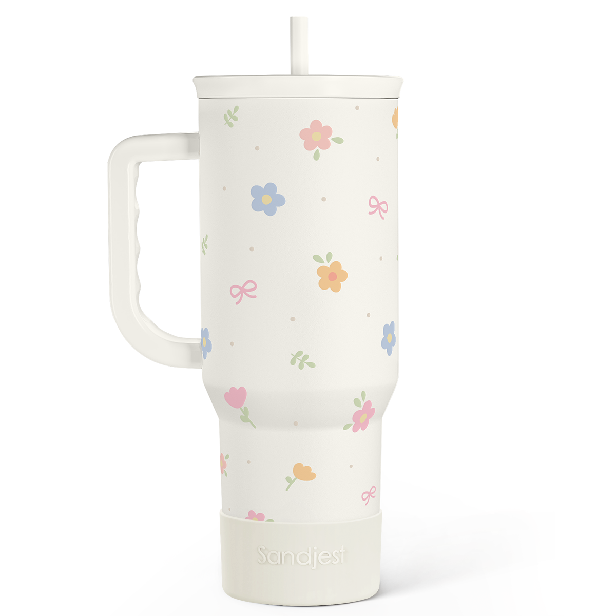 White floral 40oz tumbler with handle and straw, slide lid on top