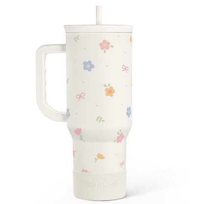 White floral 40oz tumbler with handle and straw, slide lid on top