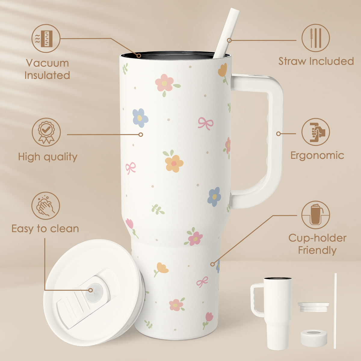 White floral 40oz tumbler with handle, lid and straw shown
