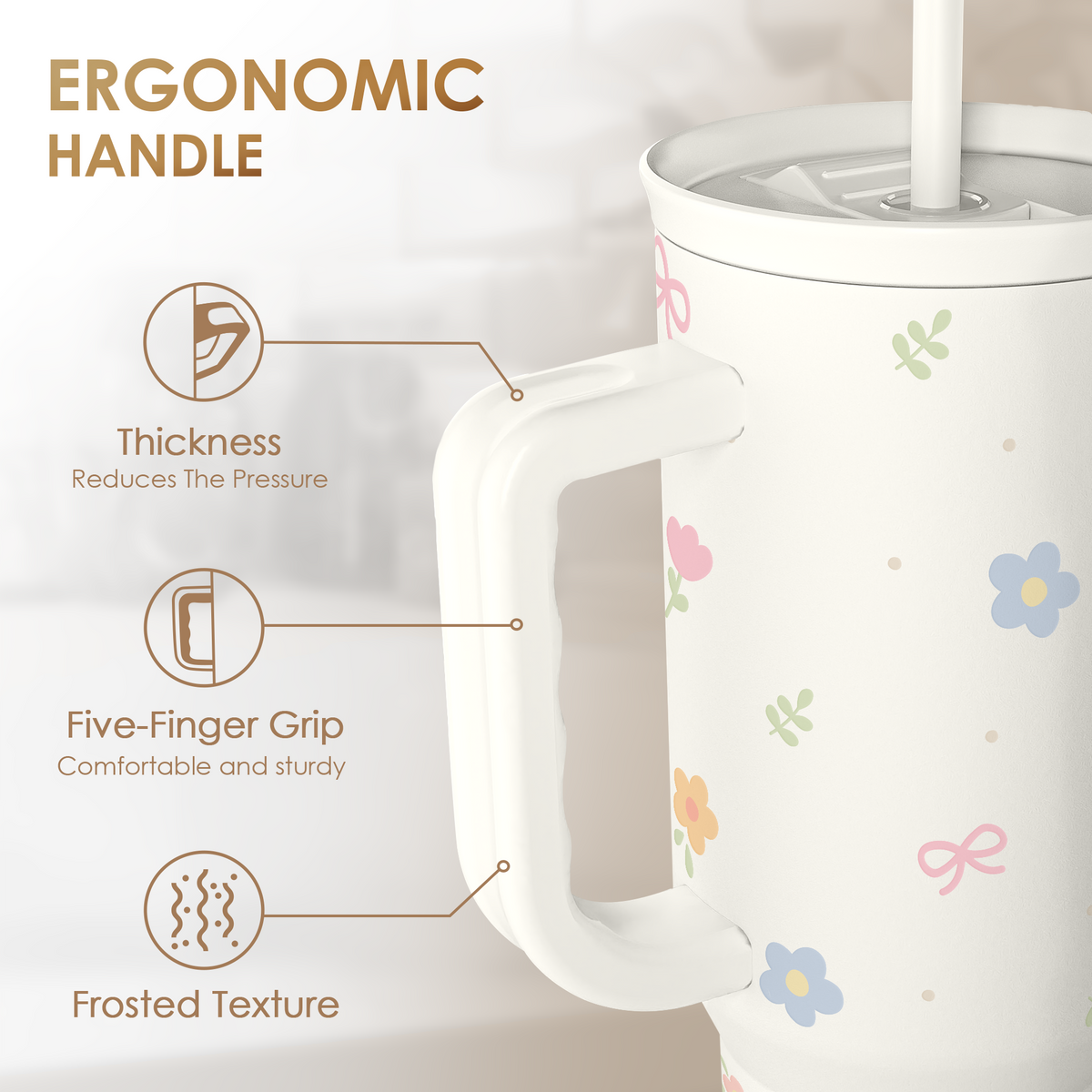 White floral 40oz tumbler with ergonomic handle and frosted grip texture