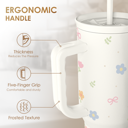 White floral 40oz tumbler with ergonomic handle and frosted grip texture