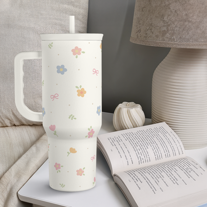 White floral 40oz tumbler with handle and straw