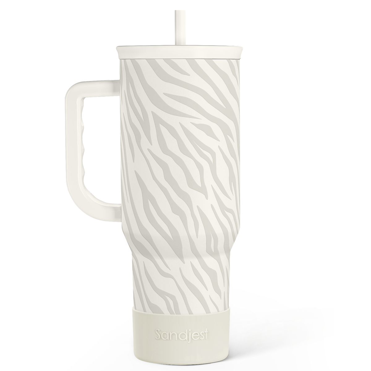 40oz insulated zebra-print tumbler with handle and slide lid, straw-ready