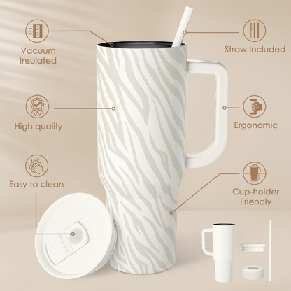 40oz insulated zebra-print tumbler with handle, open lid, and included straw pieces