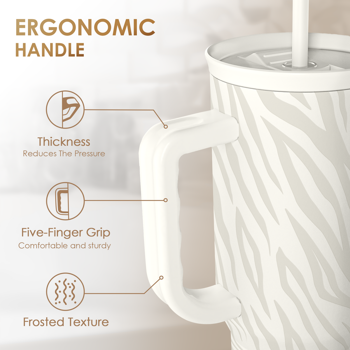 40oz zebra-print insulated tumbler with frosted handle and straw slot