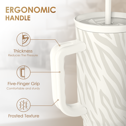 40oz zebra-print insulated tumbler with frosted handle and straw slot
