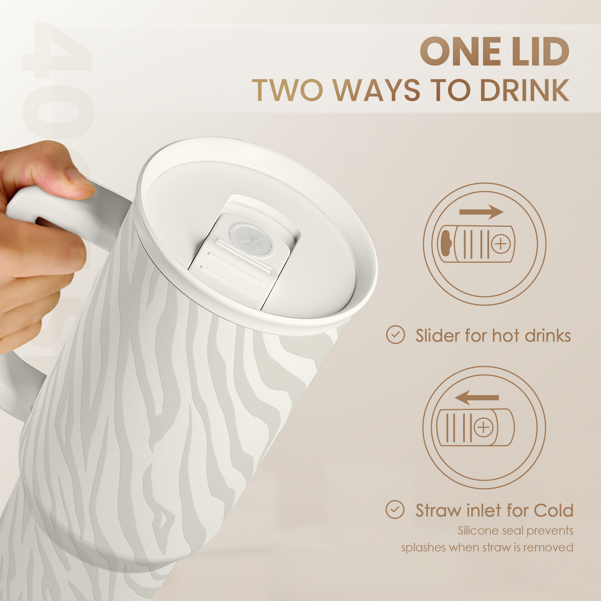 40oz tumbler with zebra-print body and slide top lid with sipping cover