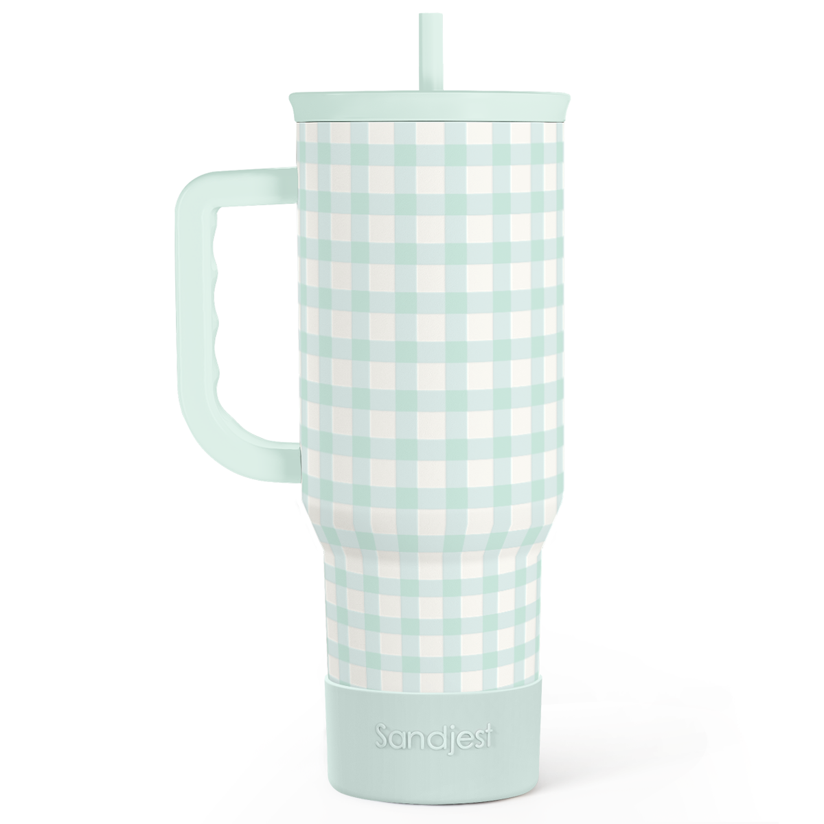 Mint gingham 40oz insulated tumbler with handle and straw, vertical view