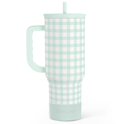 Mint gingham 40oz insulated tumbler with handle and straw, vertical view