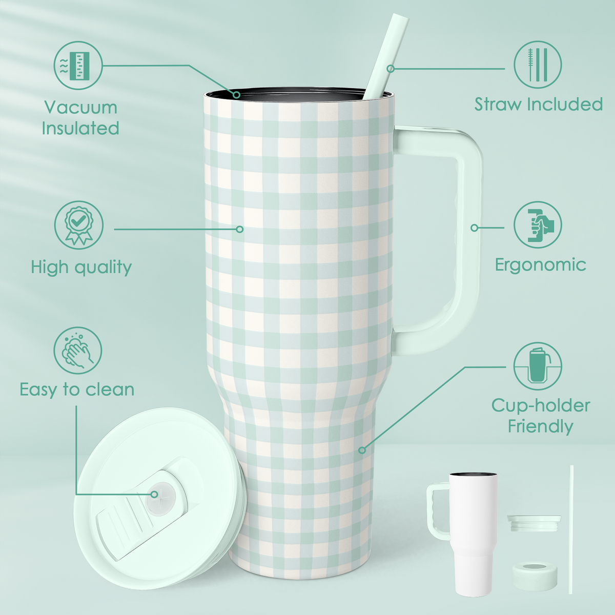 Mint gingham tumbler with handle, slide-top lid and straw, accessories shown