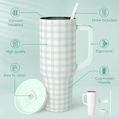 Mint gingham tumbler with handle, slide-top lid and straw, accessories shown