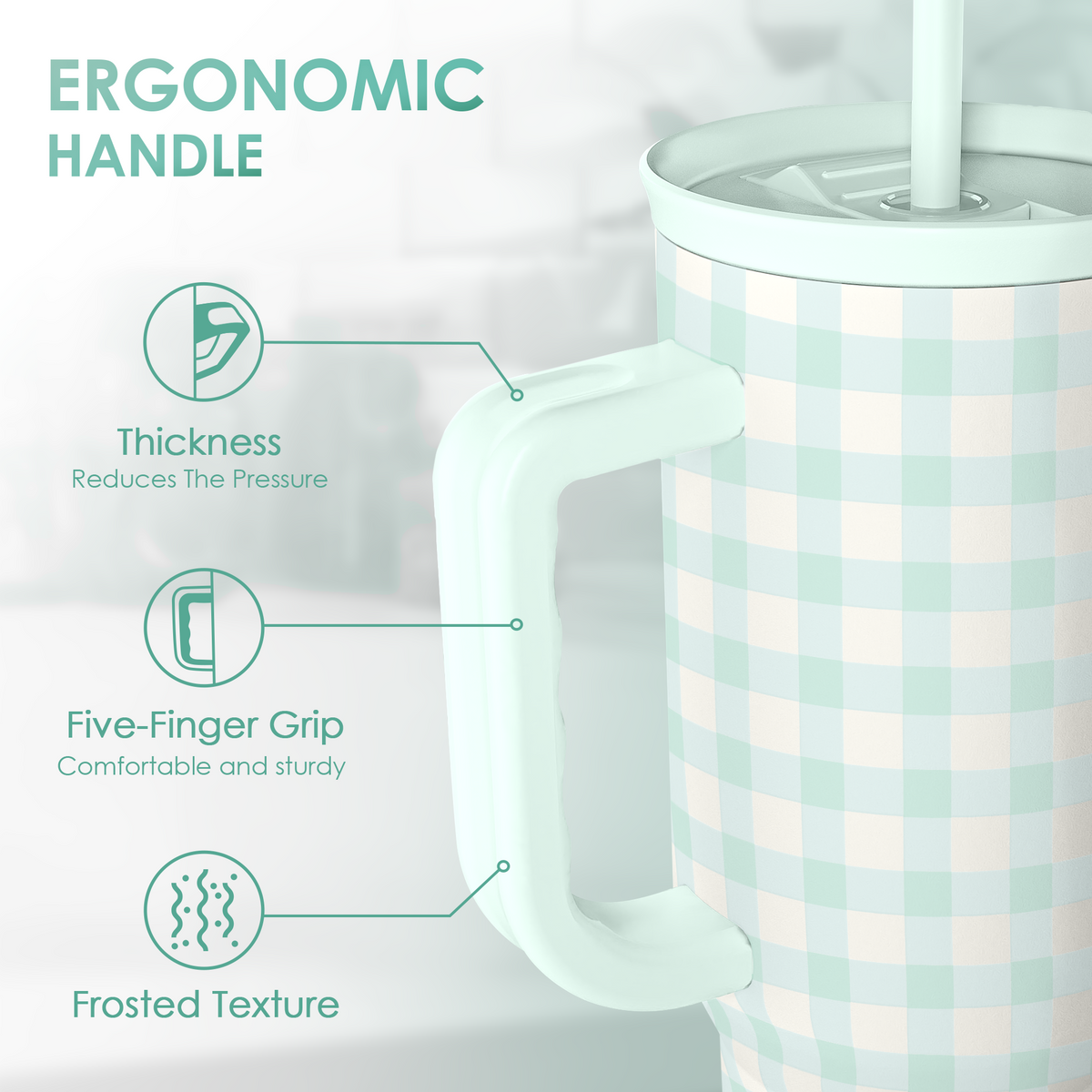 Mint gingham tumbler with frosted texture and ergonomic handle, close side view