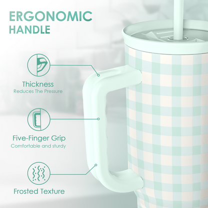 Mint gingham tumbler with frosted texture and ergonomic handle, close side view