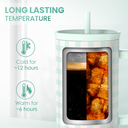 Mint gingham tumbler with insulated window and straw, front view