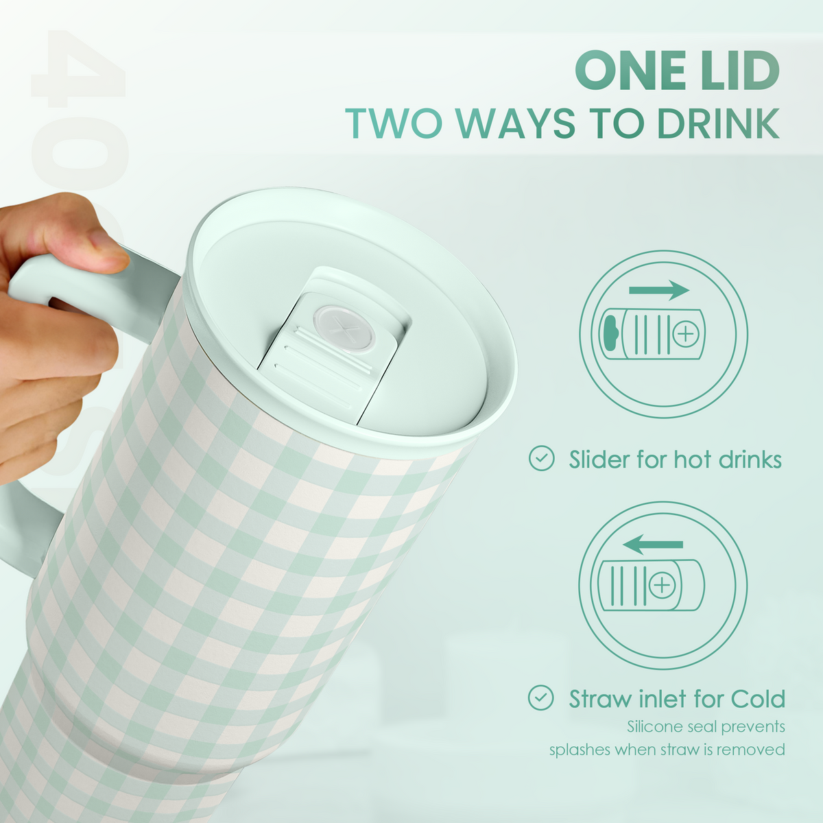 Mint gingham tumbler lid with slide opening and straw inlet, top view