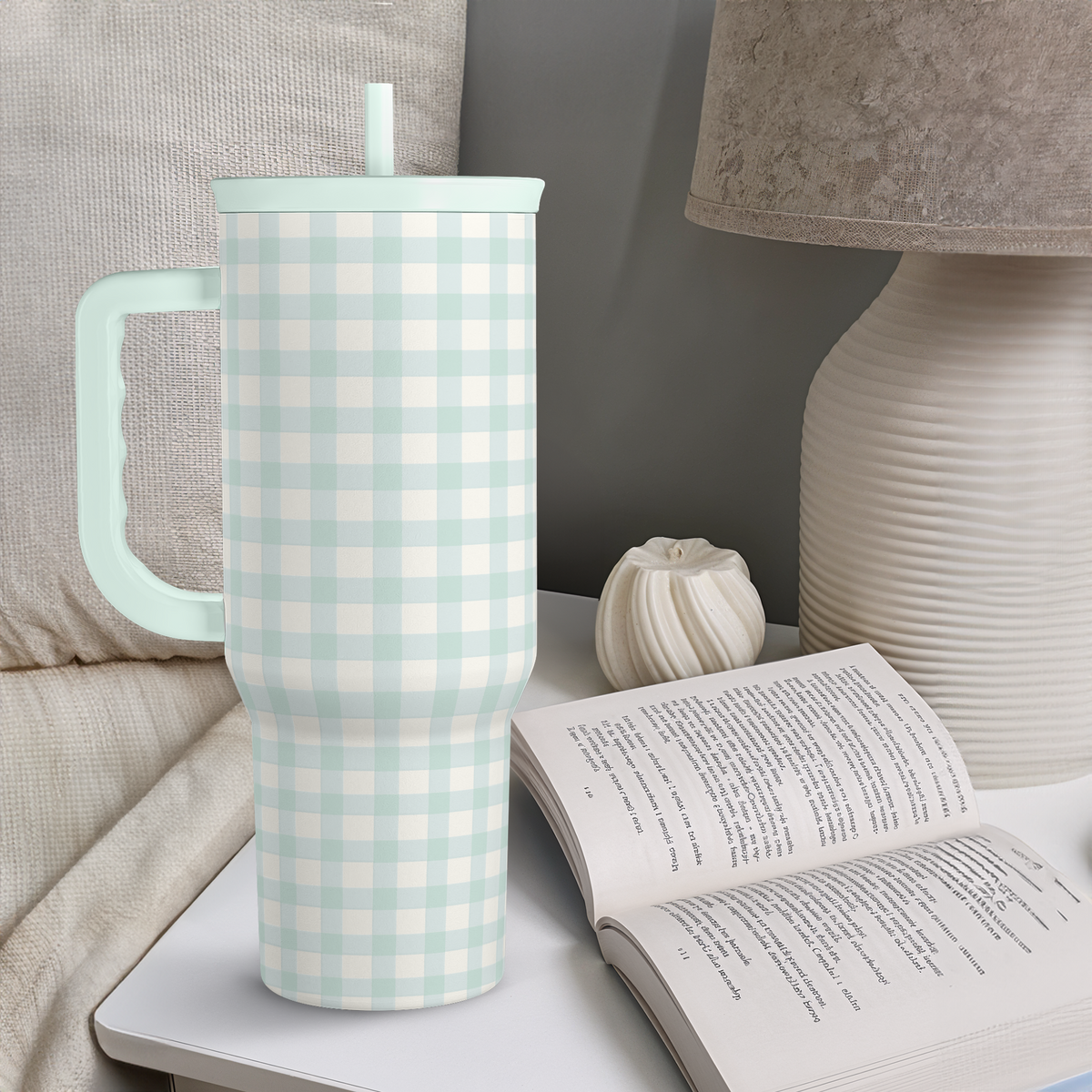 Mint gingham insulated tumbler with handle and straw, frosted cup texture