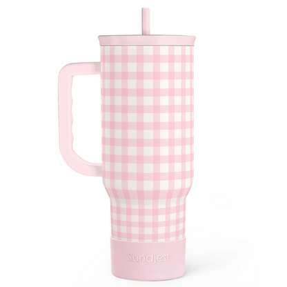 Pink gingham 40oz tumbler with slide lid, straw, and side handle