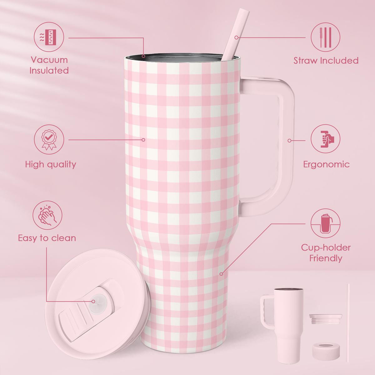Pink gingham insulated tumbler with slide lid and straw, showing included accessories