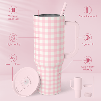 Pink gingham insulated tumbler with slide lid and straw, showing included accessories