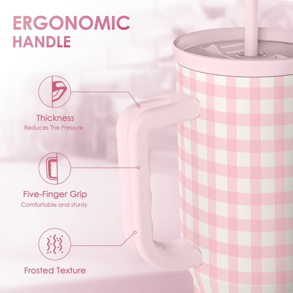 Pink gingham tumbler with ergonomic handle and frosted texture