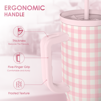 Pink gingham tumbler with ergonomic handle and frosted texture