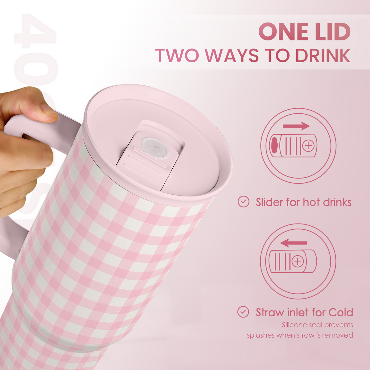 Pink gingham tumbler top with slide cover; straw inlet for hot or cold drinking