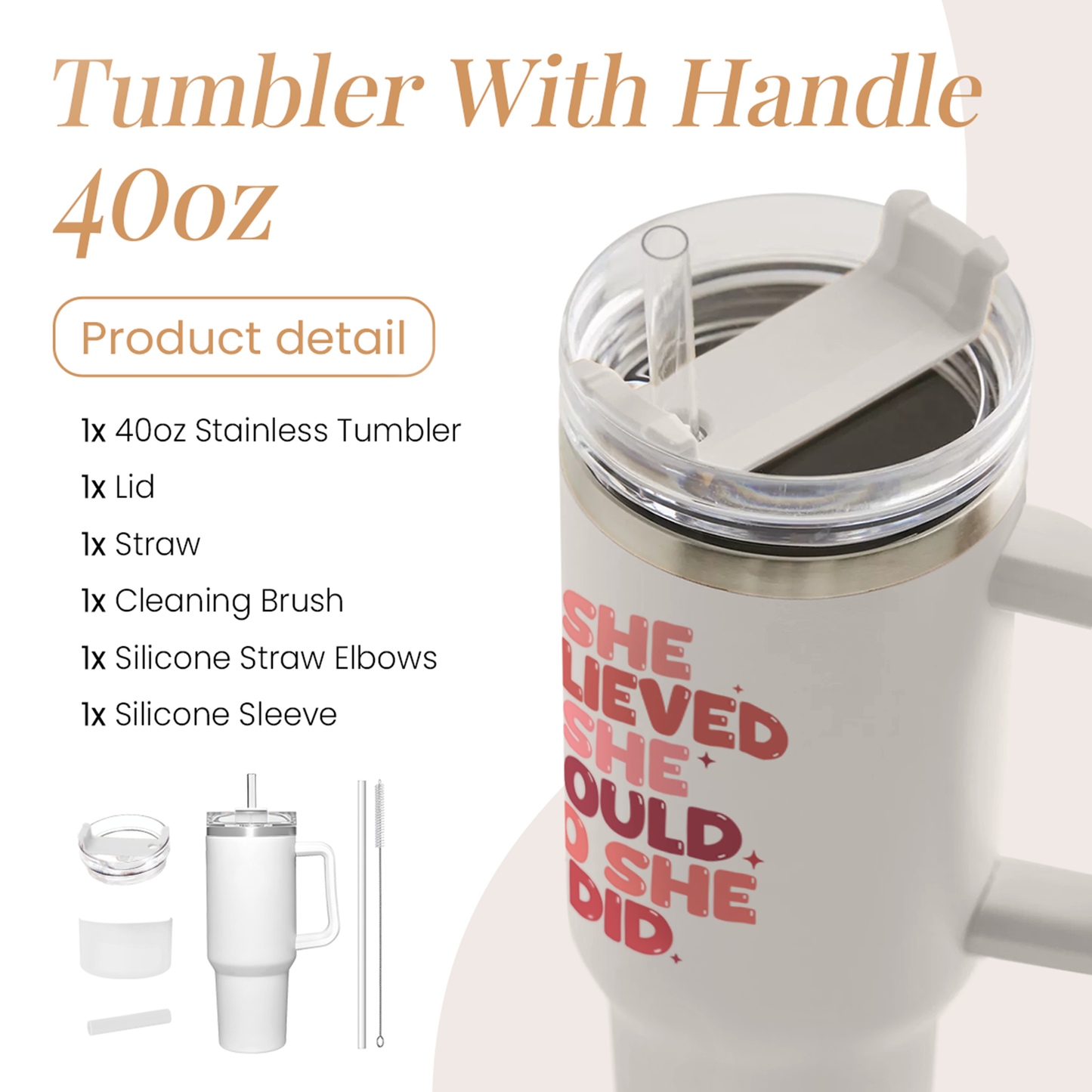 White 40oz tumbler with handle, open lid and drinking straw; red slogan graphic.