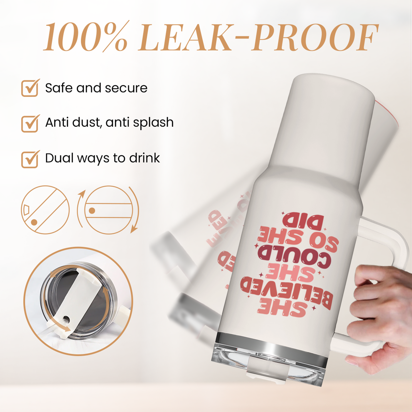 White 40oz tumbler with handle and leak-proof lid, red slogan graphic.