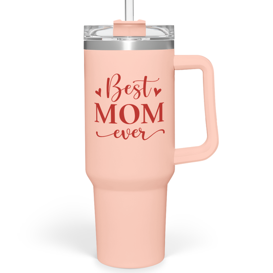 Coral pink 40oz tumbler with handle, clear lid and 'Best Mom ever' graphic