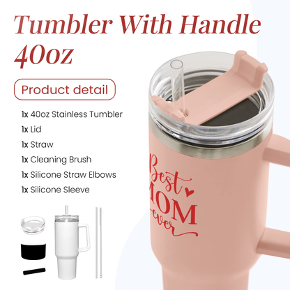 Coral pink 40oz tumbler with handle, open lid and straw; 'Best Mom ever' print