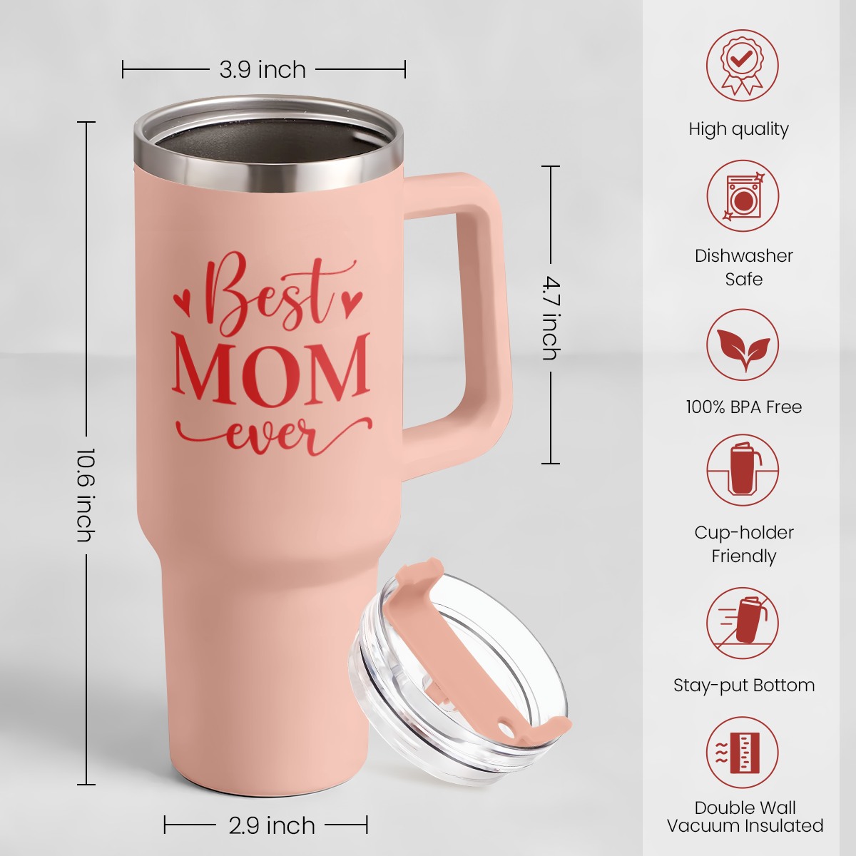 Coral pink 40oz tumbler with handle and clear lid, 'Best Mom ever' front print