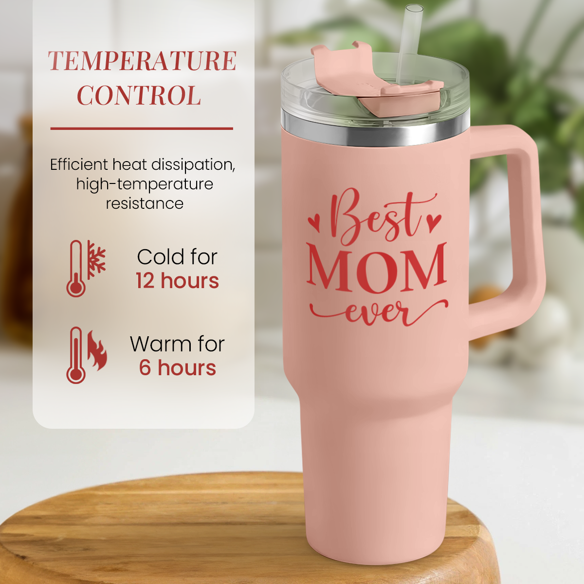 Coral pink 40oz tumbler with handle, clear lid and straw; 'Best Mom ever' front