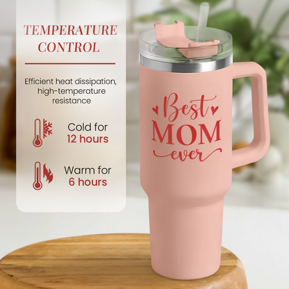 Coral pink 40oz tumbler with handle, clear lid and straw; 'Best Mom ever' front
