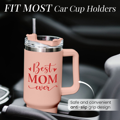 Coral pink 40oz tumbler for car cup holders, handle and straw; 'Best Mom ever' print