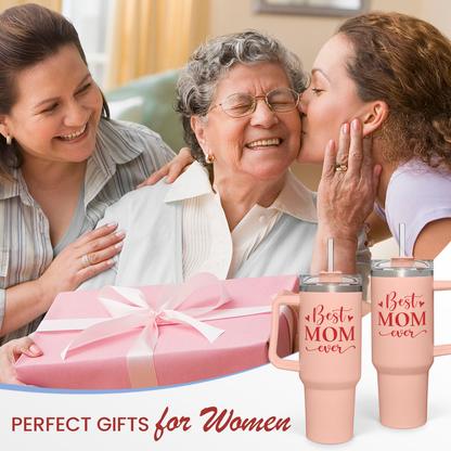 Set of two coral pink 40oz tumblers with handles, 'Best Mom ever' front graphic