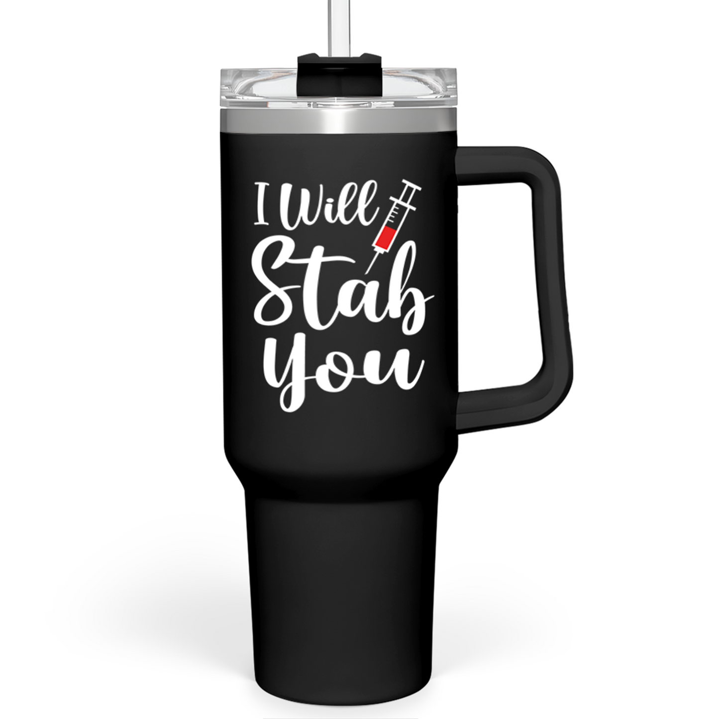 Black 40oz nurse tumbler with handle, white slogan graphic on front
