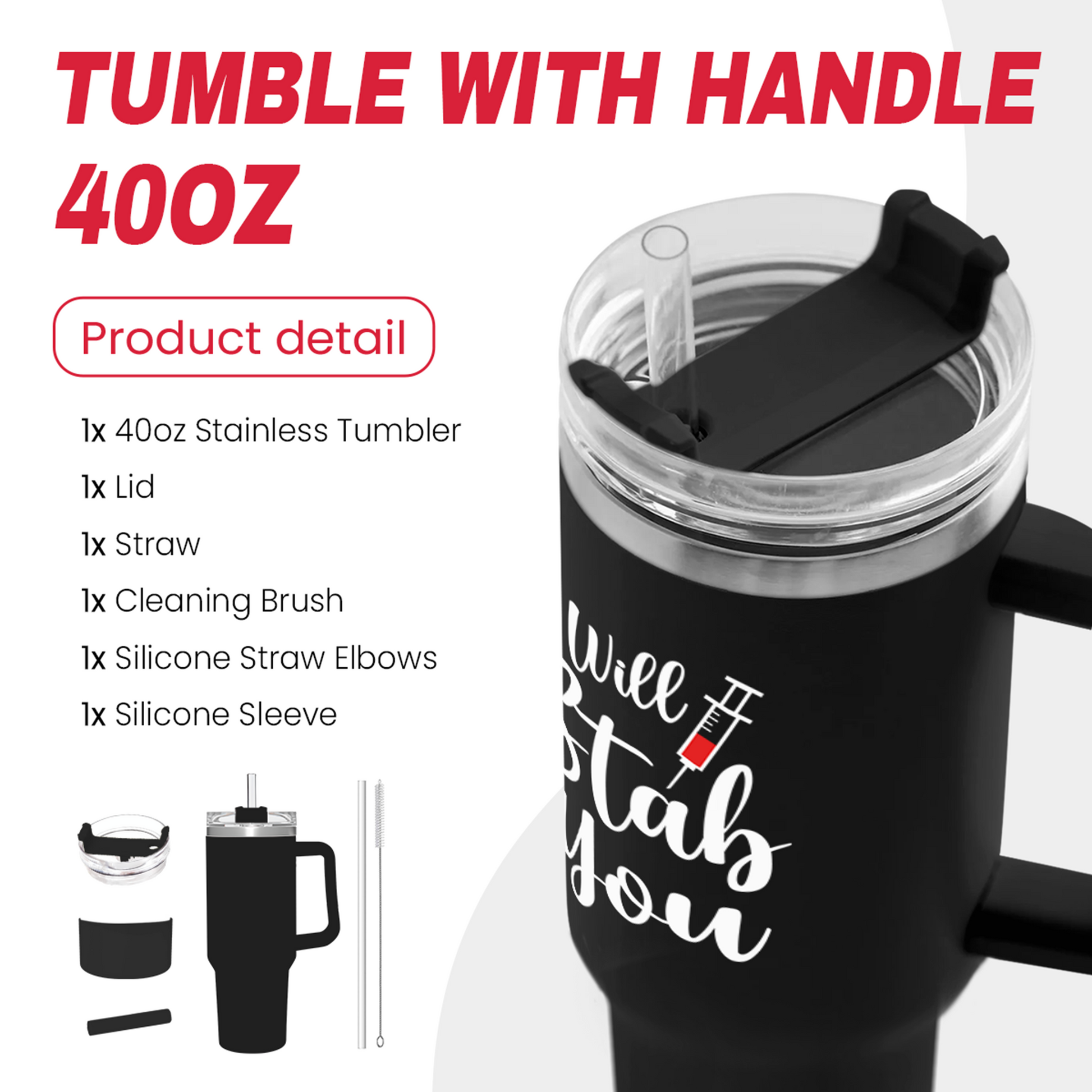 Black 40oz tumbler with handle, plus lid, straw, cleaning brush, silicone sleeve