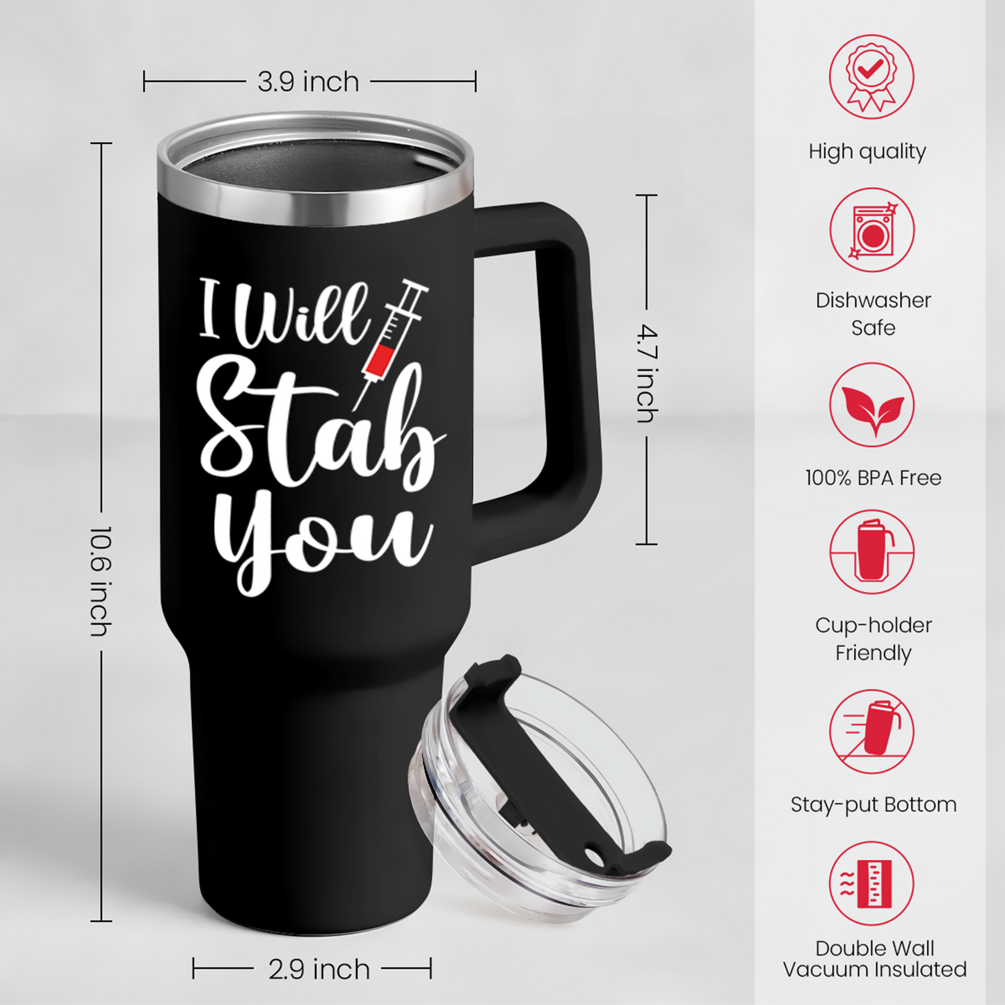 Black 40oz insulated tumbler with handle, clear lid and straw, size view
