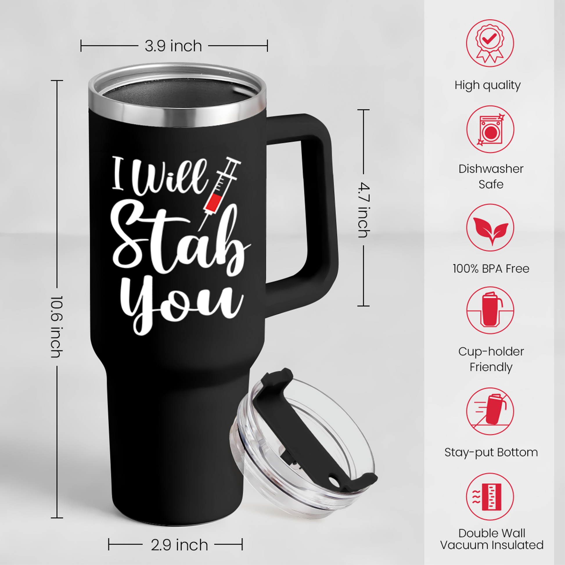 Black 40oz insulated tumbler with handle, clear lid and straw, size view
