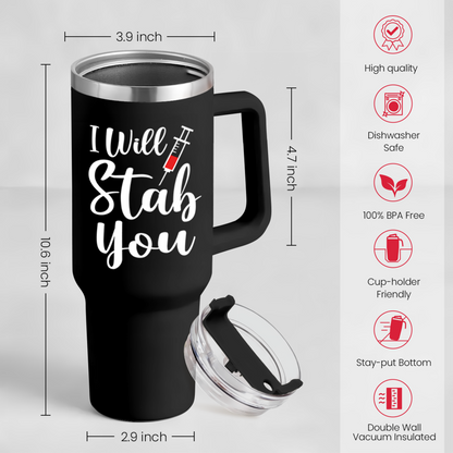 Black 40oz insulated tumbler with handle, clear lid and straw, size view